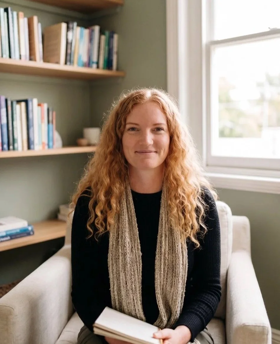 Psychologist Bridie smiling warmly at the camera while sitting in a comfortable armchair by a window, bathed in soft afternoon light, with a notepad on her lap.