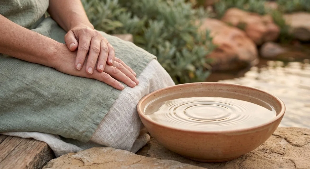 A person sitting on a rock near water with hands resting on their lap near a bowl of water.