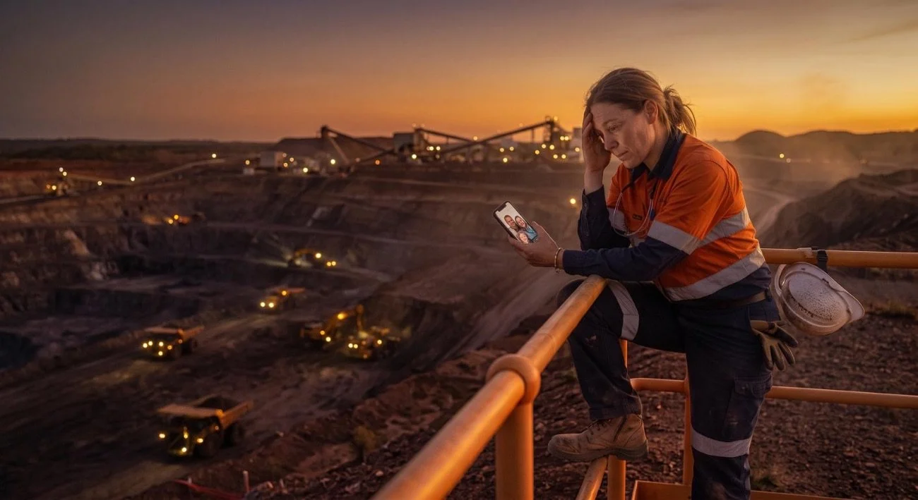 A female worker in orange and navy safety gear sitting on a yellow railing at an open-pit mining site during sunset, looking at her phone with a sad or concerned expression.