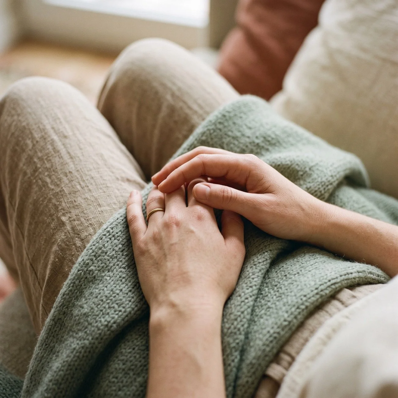 Close-up of two hands holding each other, resting on someone's lap while sitting on a sofa.