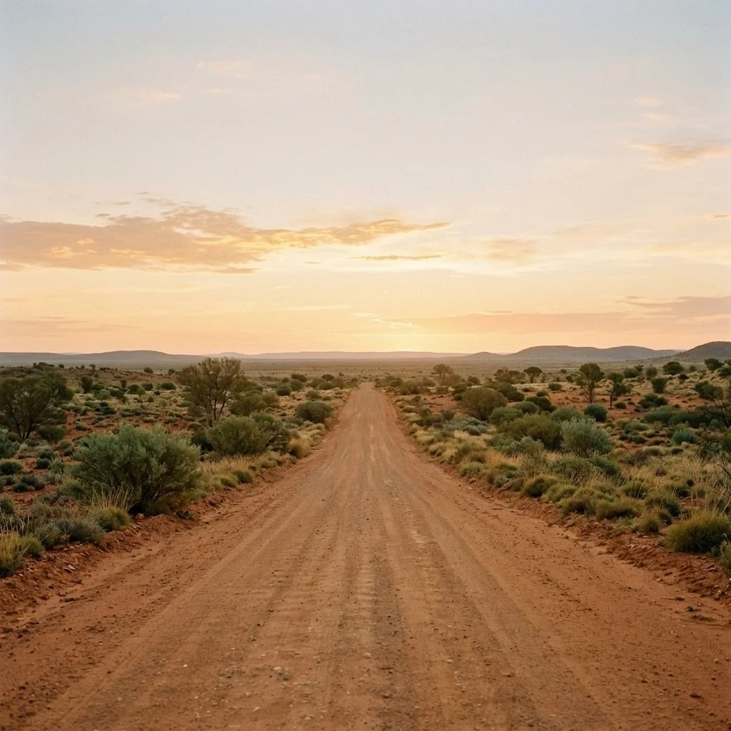A dirt road stretching into the distance in a desert landscape with scattered bushes and trees, under a partly cloudy sky at sunset.