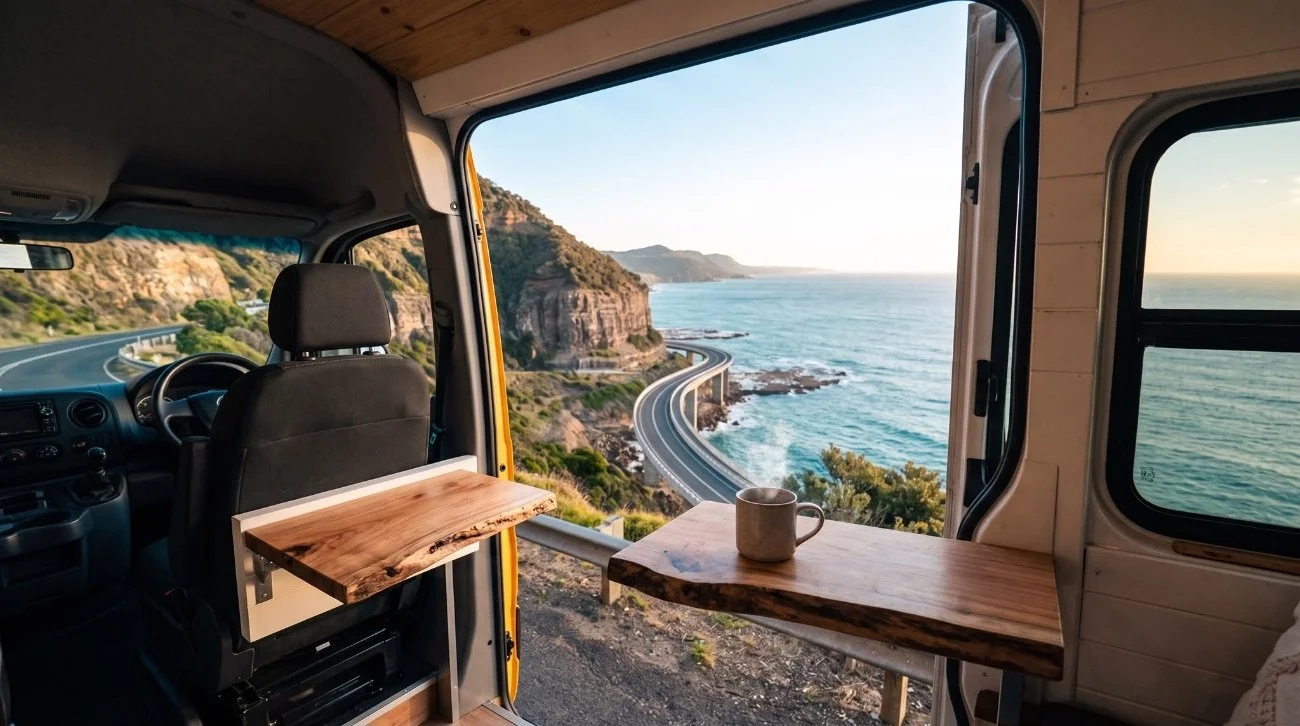 View of an ocean road from a campervan