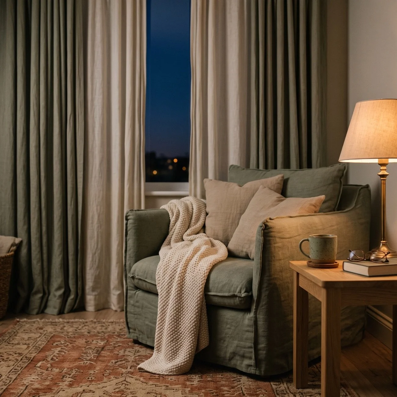 A cozy living room at night with a green armchair, beige pillows, a cream blanket, a wooden side table with a green mug, eyeglasses, a book, and a lamp, with curtains and a window showing city lights outside.