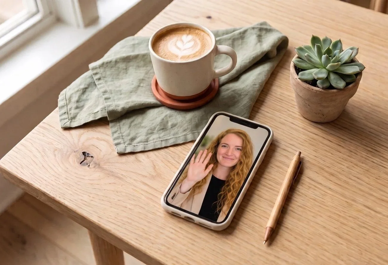 Table with mobile device displaying Bridie waving on a video call