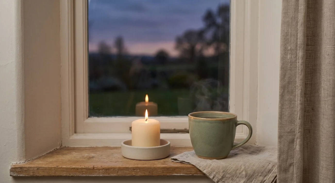 A windowsill with two lit candles, a green mug, a linen cloth, and a view of trees and houses outside at dusk.