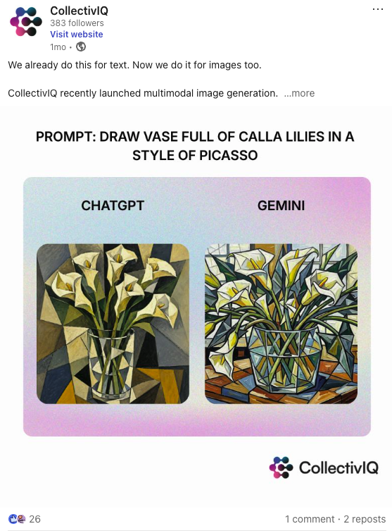 Comparison of two digital paintings of Calla Lilies in vases, styled after Picasso; left in a Cubist style labeled "ChatGPT," right in an expressive, geometric style labeled "Gemini."