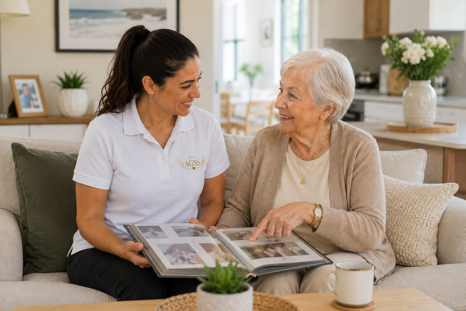 A caregiver showing an elderly woman photo album on a sofa in a cozy living room.