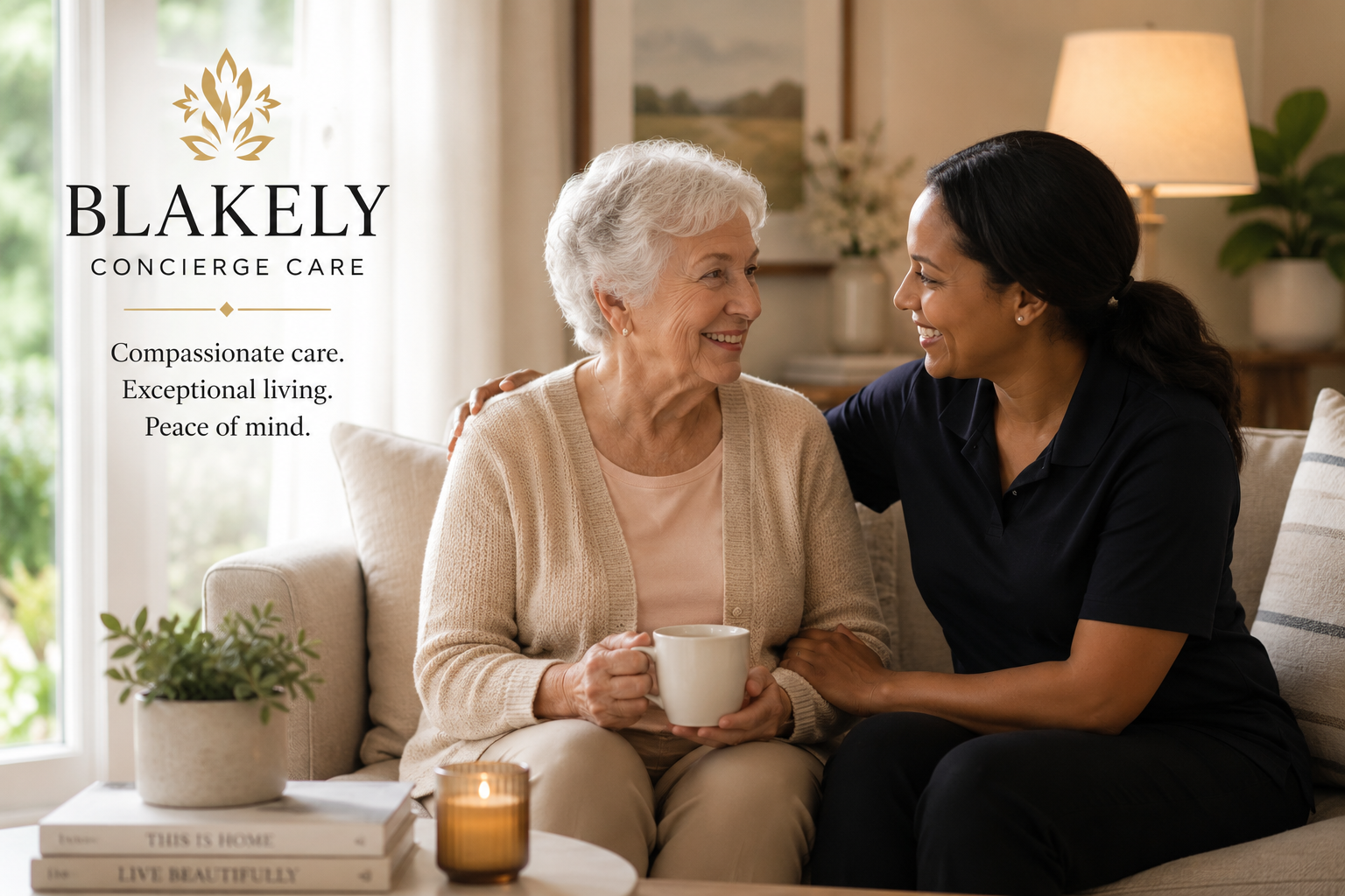 A smiling elderly woman and a caregiver talking warmly in a cozy living room, with the woman holding a mug and a potted plant and candles on a table nearby.
