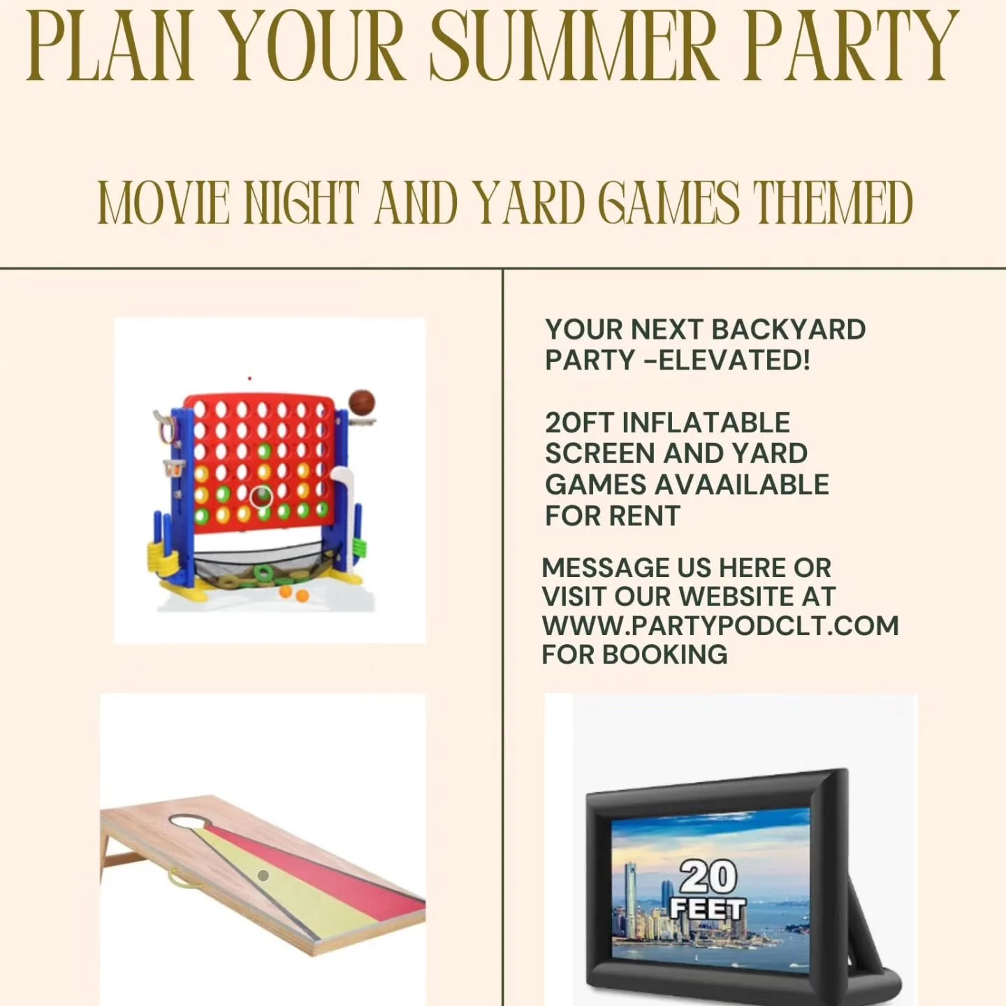 20 ft inflatable movie screen outdoor -$50
Portable cornhole set-$27
Giant Connect 4-$27

For rent. Bundle pricing available upon request.