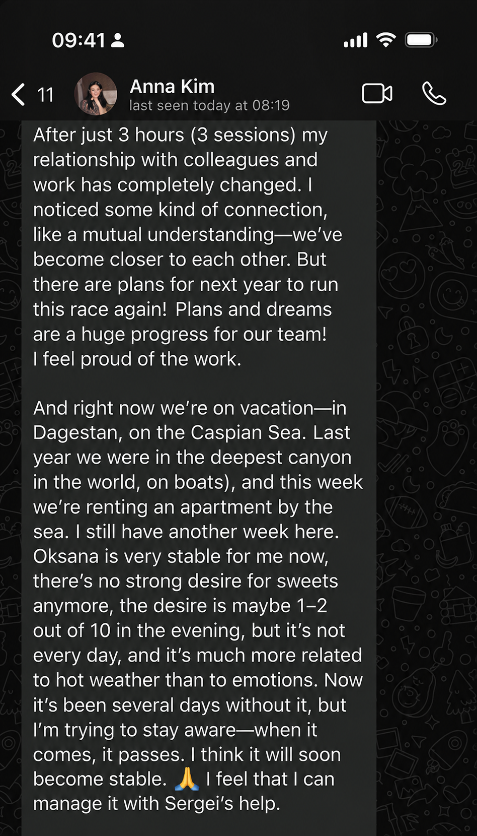 Screenshot of a WhatsApp conversation with Anna Kim sharing her recent activities, including work, vacation in Dagestan on the Caspian Sea, and personal reflections.
