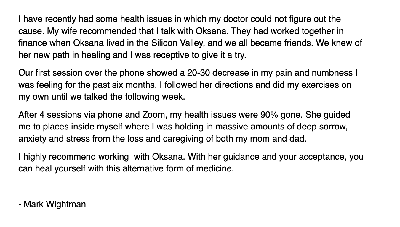 A testimonial letter from Mark Wightman about his positive experience with Oksana's holistic health approach, describing significant health improvements after sessions conducted via phone and Zoom.