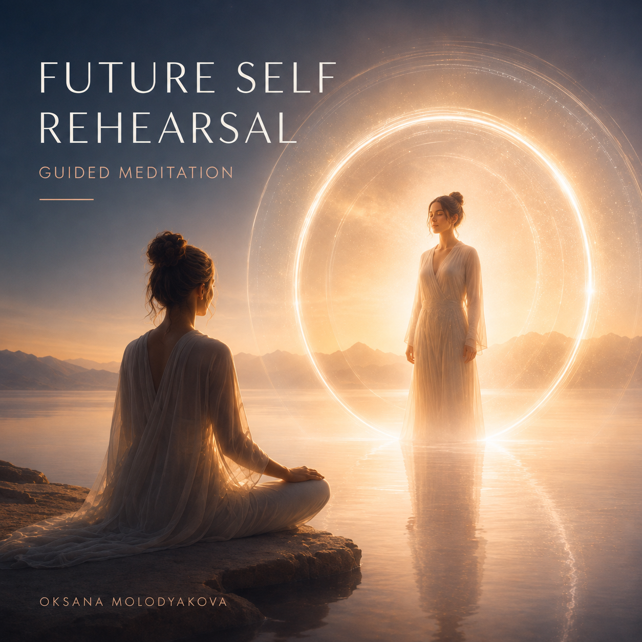Two women in flowing white dresses near a body of water during sunset, with one sitting on rocks and the other standing, surrounded by glowing circular light. Text overlays read 'Future Self Rehearsal' and 'Guided Meditation', with the author's name 'Oksana Molodyakova' at the bottom.