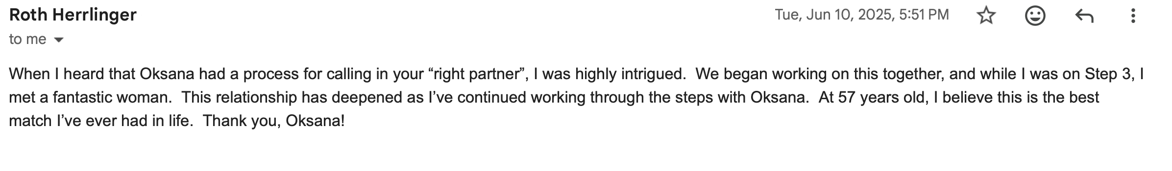 Screenshot of an email discussing a romantic relationship, expressing gratitude and happiness with a woman named Oksana.