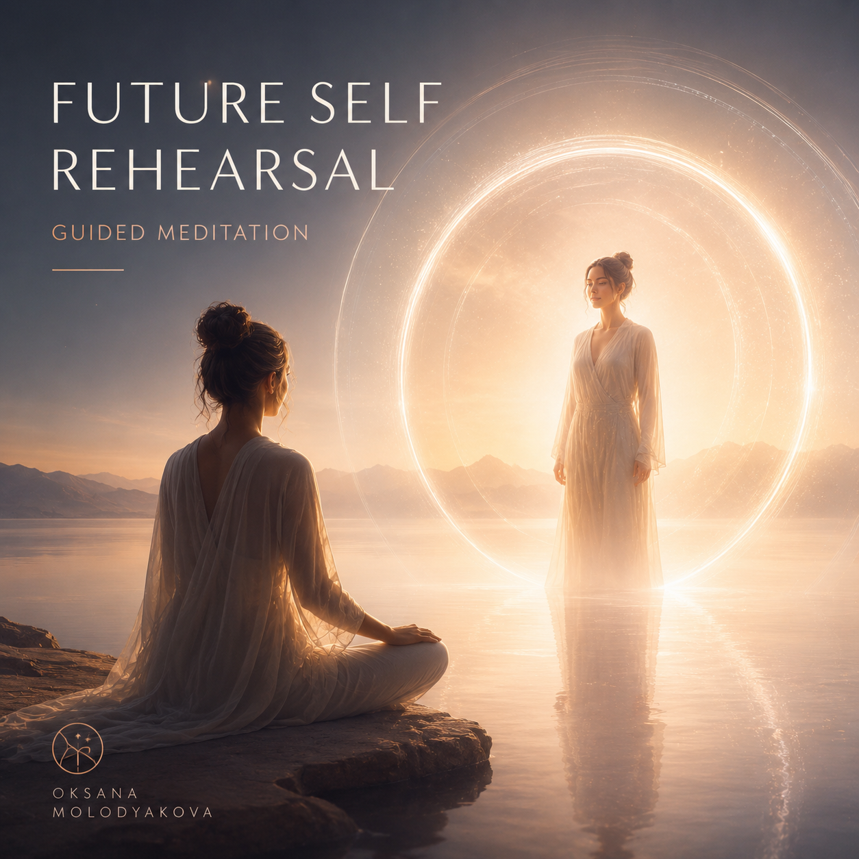 A woman practicing meditation by a lake with mountains in the background during sunset, with a glowing circular aura around her.