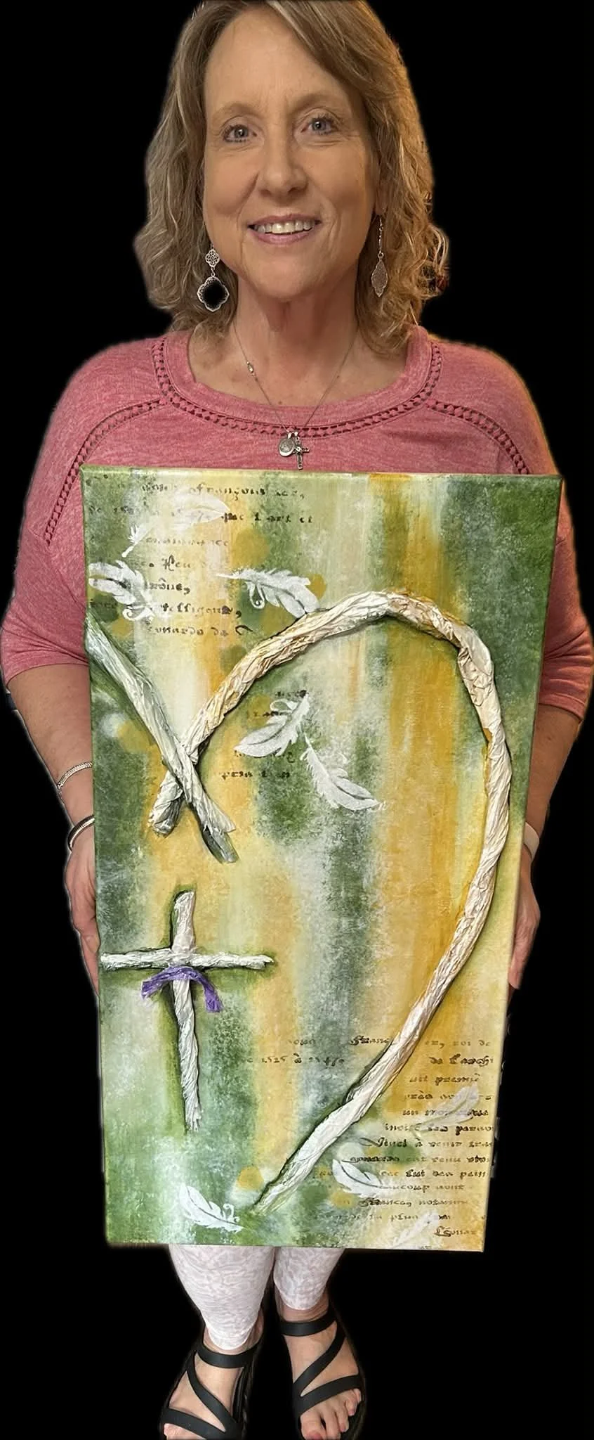 Mixed media canvas with heart formed with tissue paper. Acrylic paint. Stenciling.