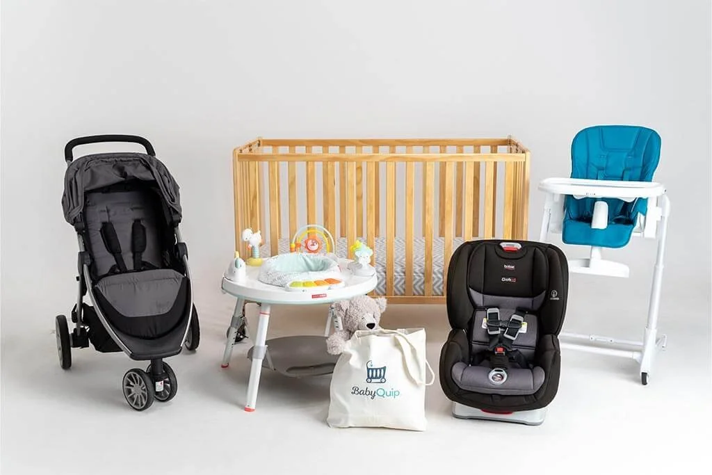 Baby crib, stroller, infant seat, high chair, baby play mat, stuffed animal, diaper bag, baby care products in a bright, minimal nursery setting.