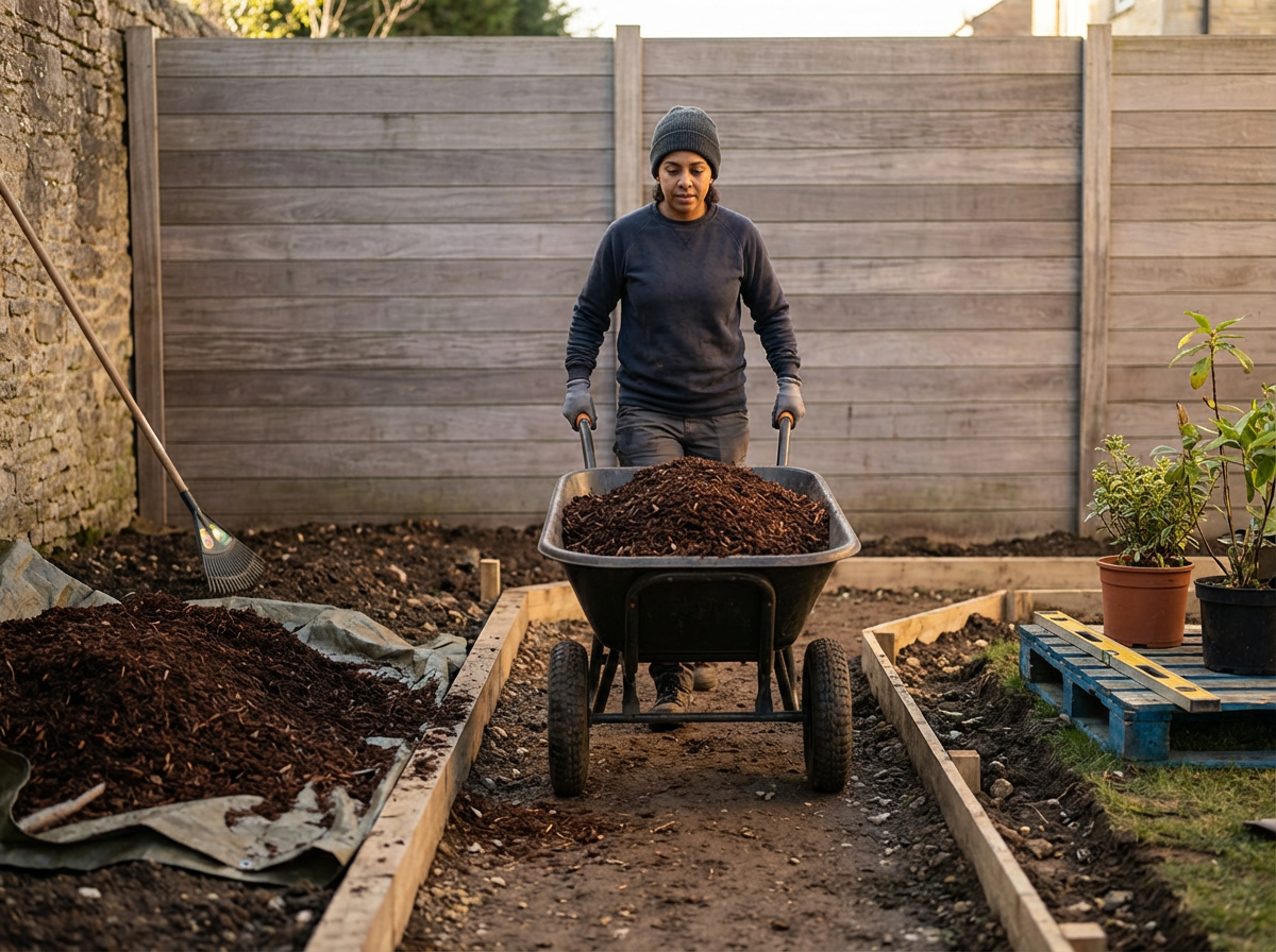 A person wearing a gray beanie, dark sweatshirt, and gloves stands behind a black wheelbarrow filled with soil in a backyard garden, with a wooden fence and plants in pots nearby.