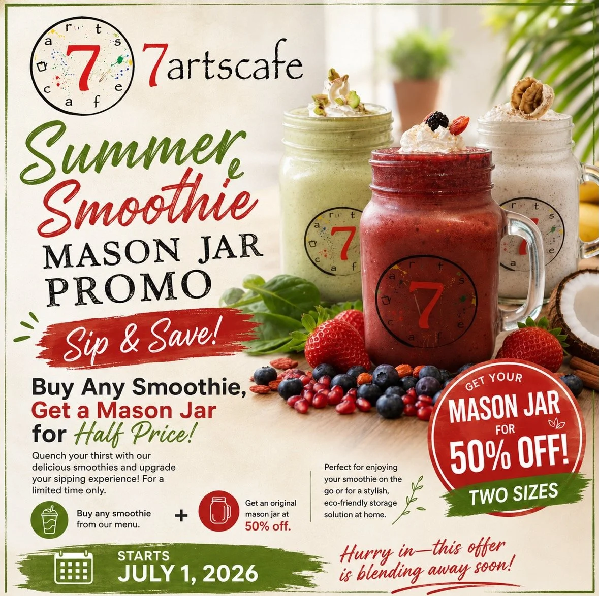 7artscafe Summer Smoothie &amp; Mason Jar Promo Sip &amp; Save!