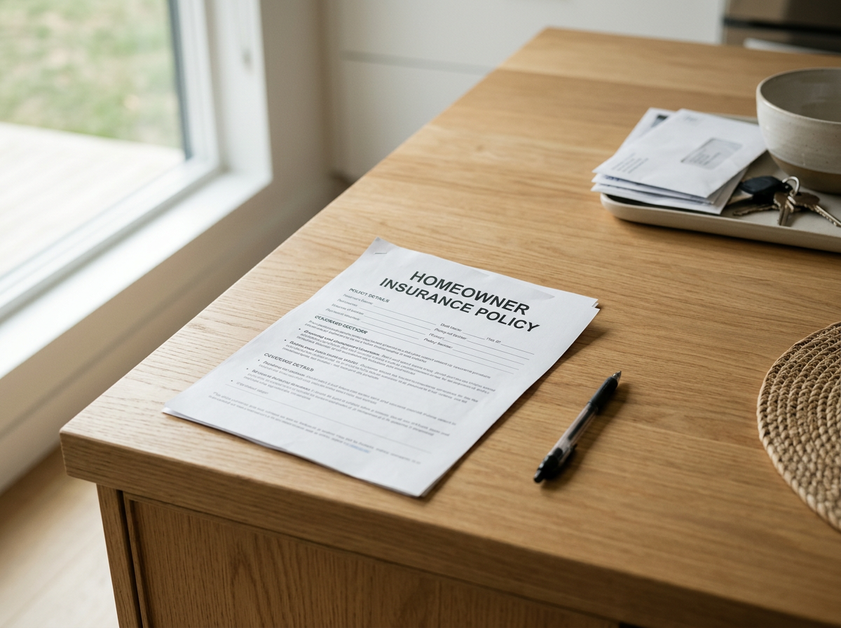 Sheet of paper titled 'Homeowner Insurance Policy' on a wooden table, with a black pen nearby, and a stack of papers and keys on a tray in the background.