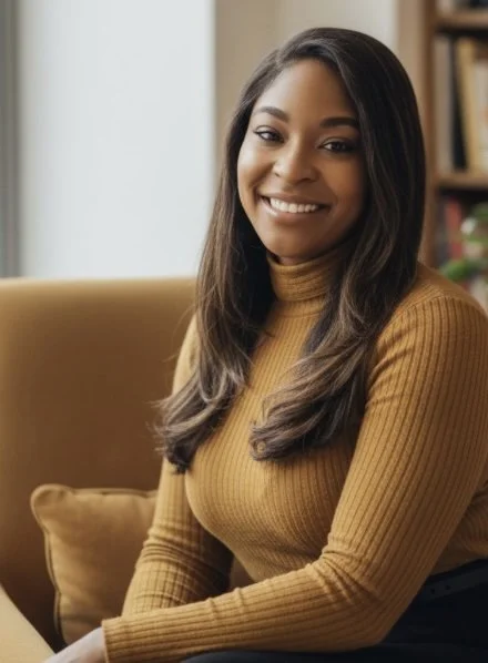 A smiling woman with long dark hair sitting on a couch in a cozy room.