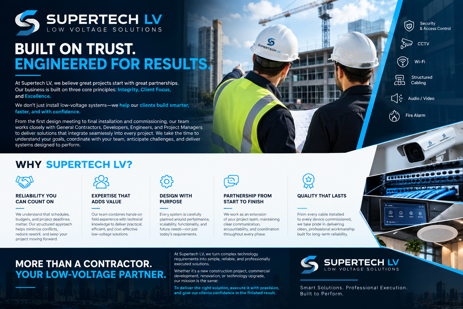 A marketing infographic for Supertech LV, a low voltage solutions company. The image features two construction workers in safety gear discussing plans at a construction site with a crane and building under construction in the background. The infographic highlights the company's services including security and access control, CCTV, Wi-Fi, structured cabling, audio/video, and fire alarms. It emphasizes trust, expertise, purposeful design, lasting quality, and professional execution in their solutions.