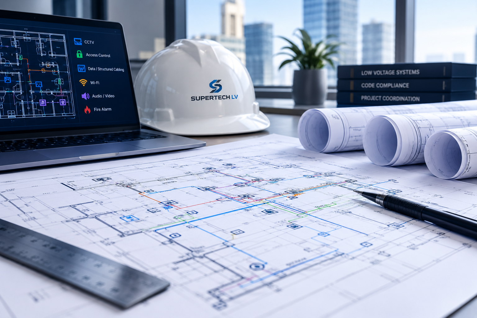 Architectural or engineering blueprints on a desk with a pen, a ruler, and rolled-up plans. A laptop showing a building schematic with icons for CCTV, access control, Wi-Fi, audio/video, and fire alarm. A white construction helmet with the label "Supertech LV" and a small potted plant are also on the desk, with a cityscape visible through the window.