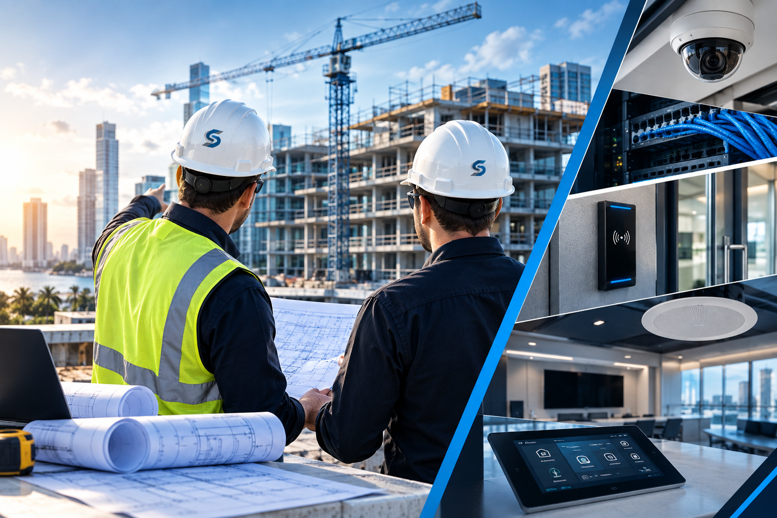 Two construction engineers in hard hats and safety vests discussing blueprints on a construction site with high-rise buildings and a crane in the background; in the interior, there are security cameras, network cables, a wireless access point, a control panel, and a conference room with a large screen.
