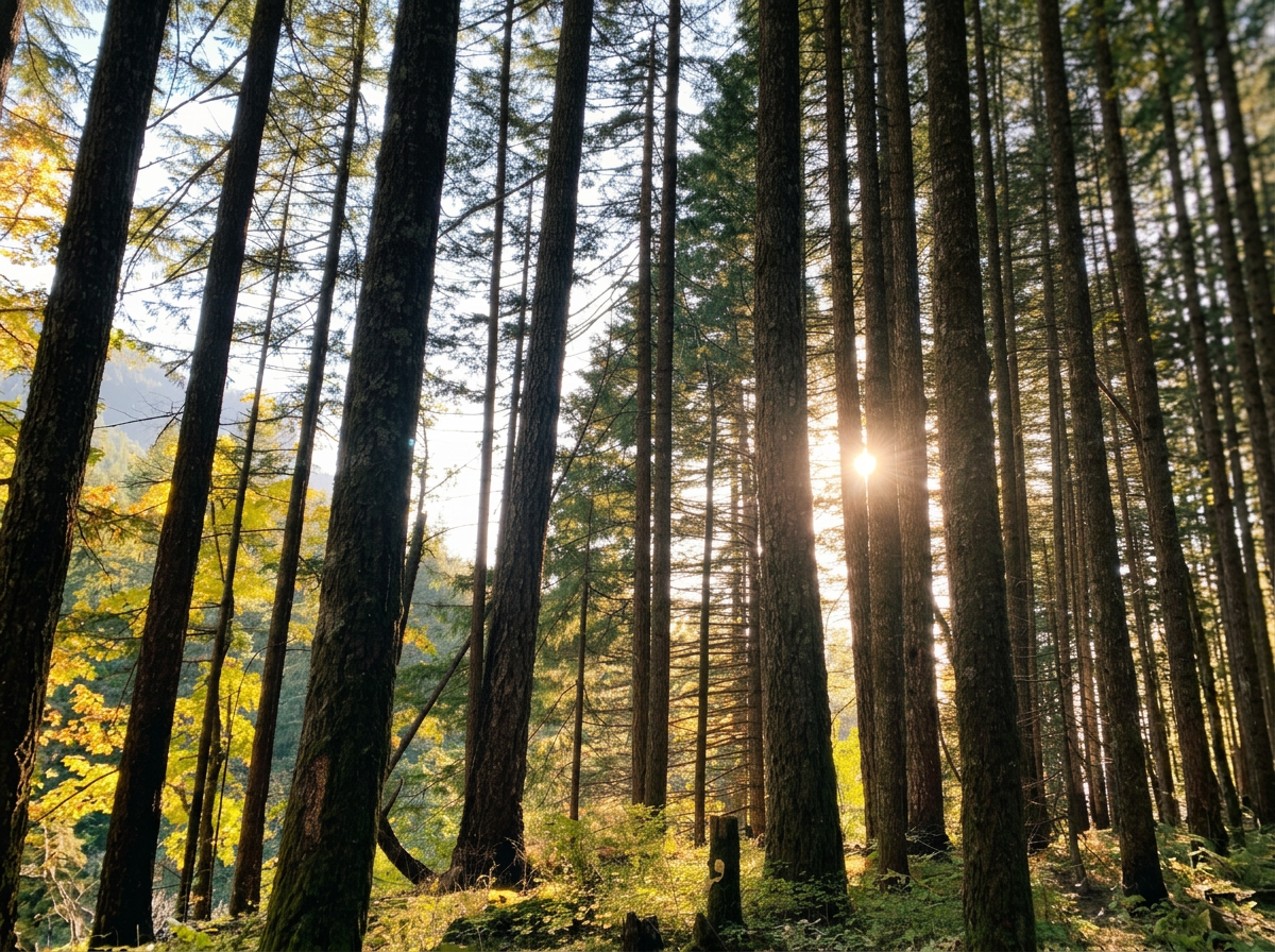 Sunlight filters through tall pine trees in a forest with green and yellow foliage.