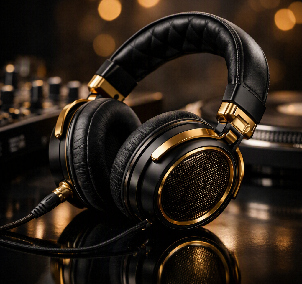 A pair of black and gold over-ear headphones resting on a dark reflective surface with a blurred DJ gear in the background.