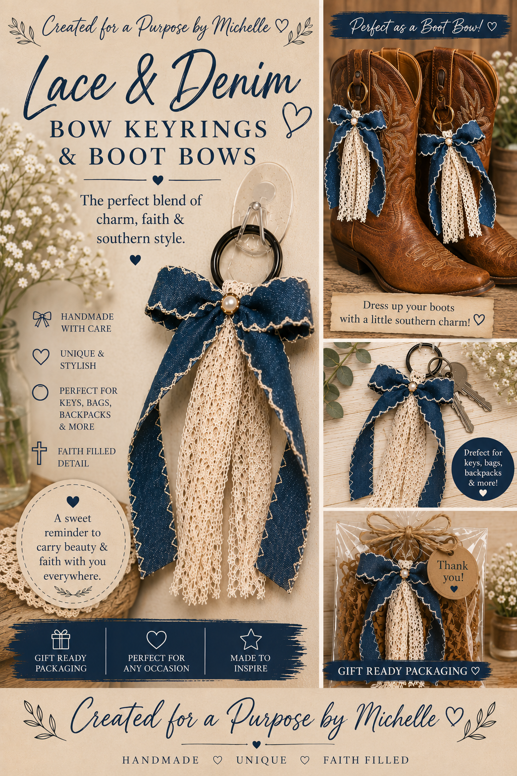 Lace & Denim Bow Charm