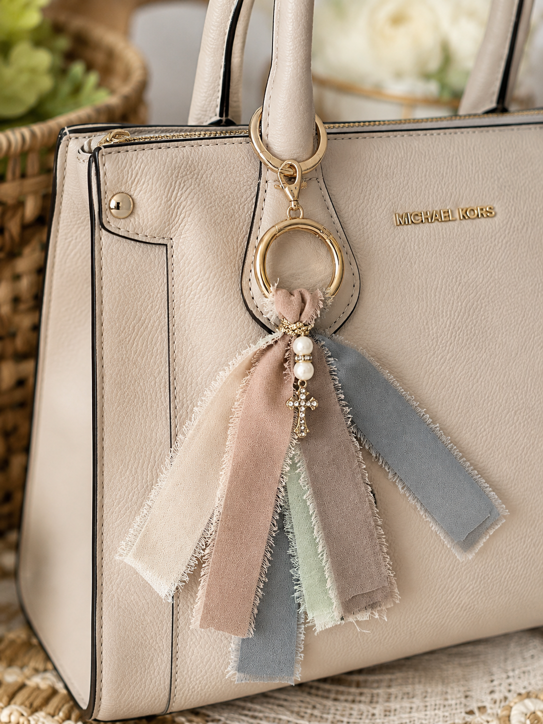 Elegant Pastel Bag Charm with Pearl & Cross