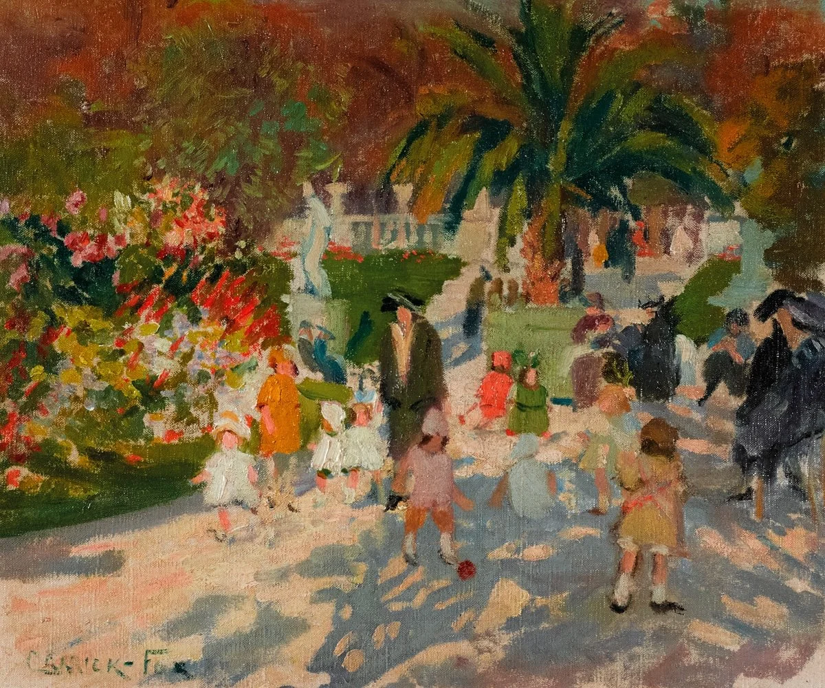 Impressionist painting of a lively park scene with children and adults walking, playing, and socializing near palm trees and colorful bushes.