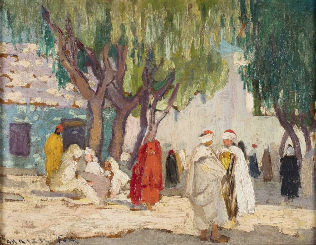 Impressionist painting of people in traditional Middle Eastern attire under trees in a village scene.