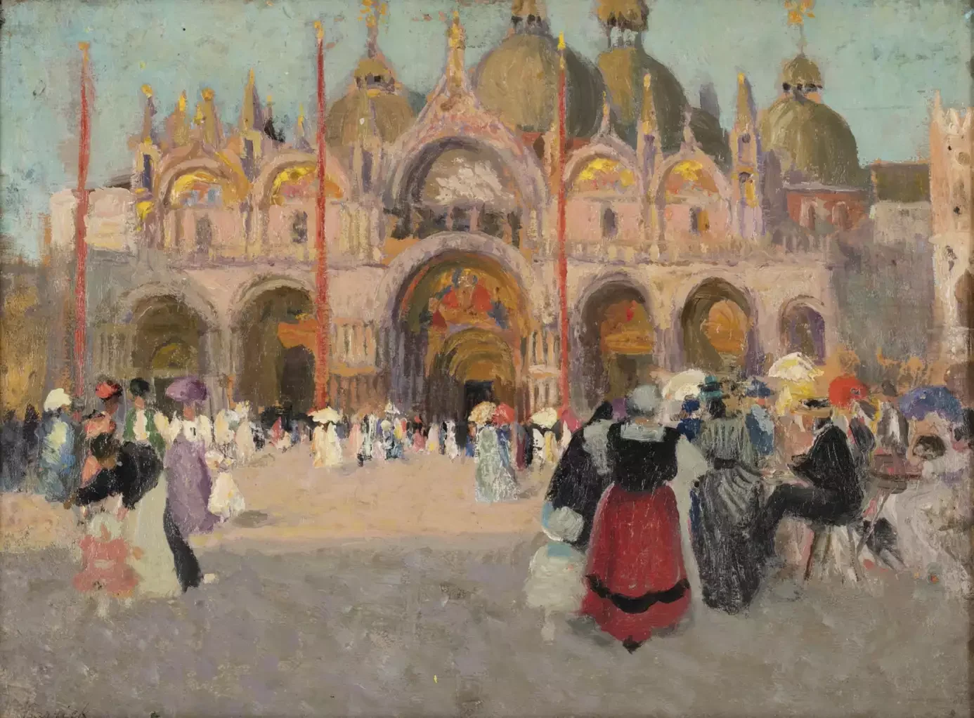 Painting of a busy square in front of a large, ornate building with multiple domes and arches, with people walking and socializing, some holding umbrellas.