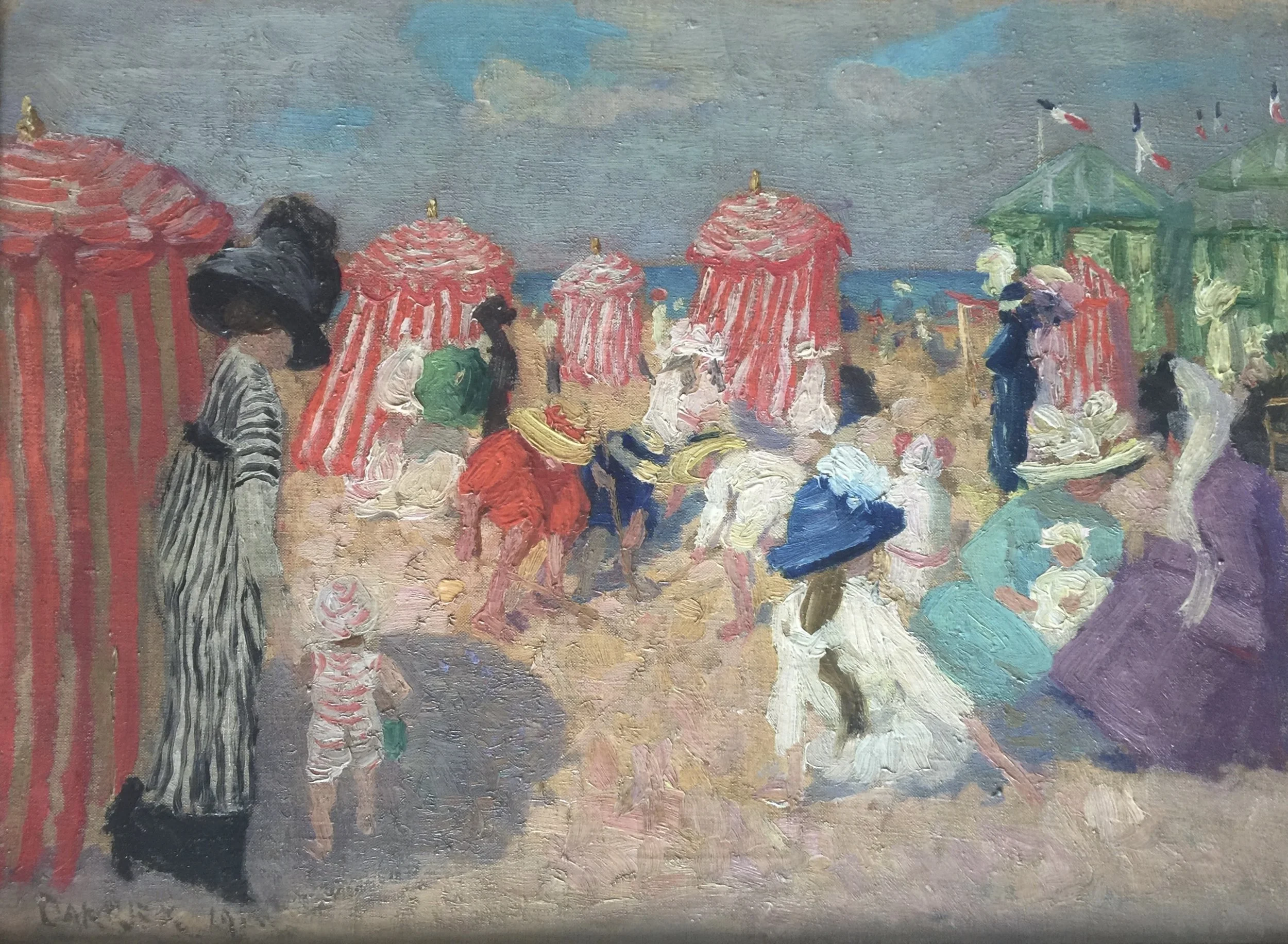 An impressionist-style painting of a beach scene with colorful tents, people walking, and flags flying in the background.