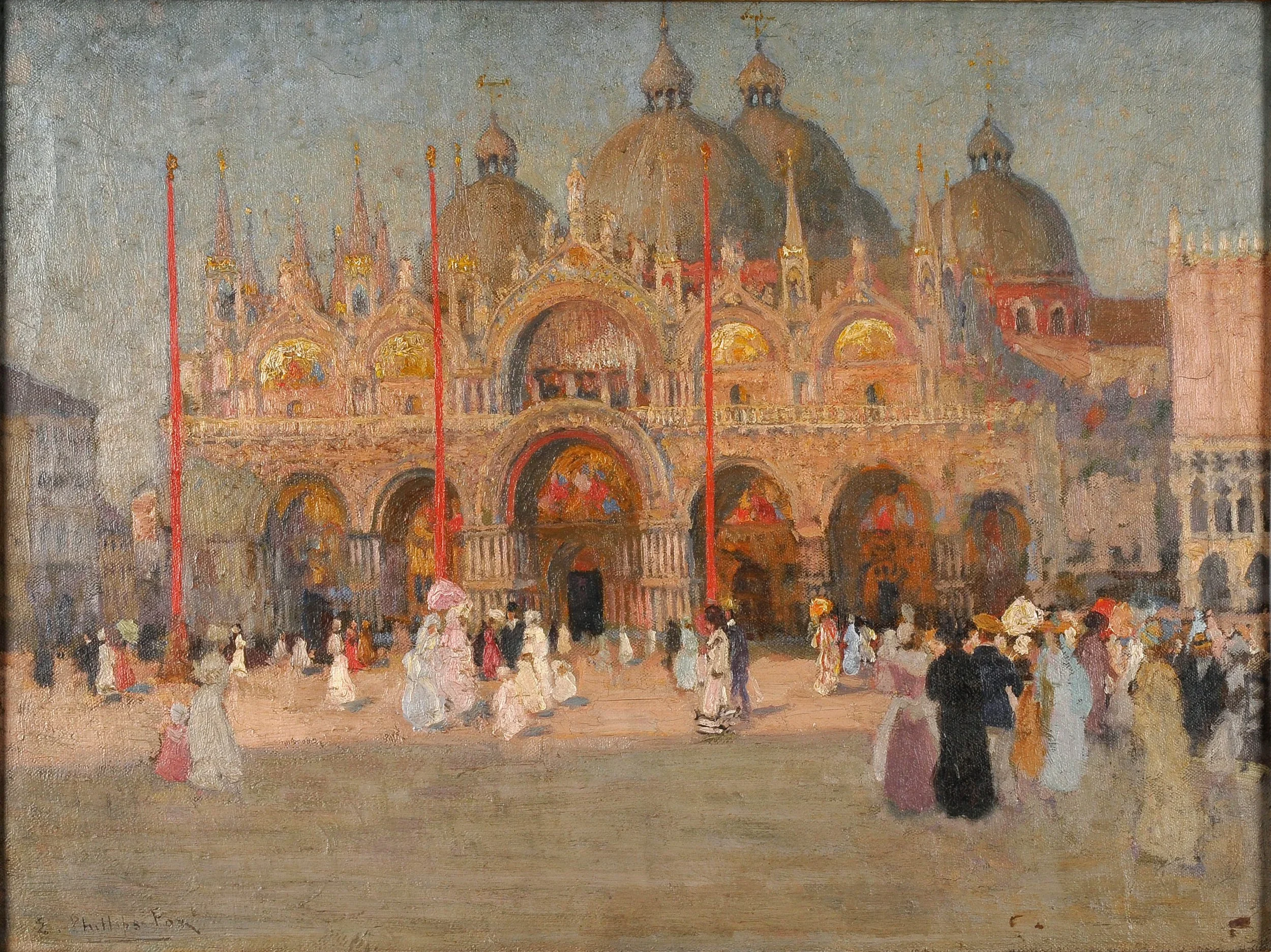 An impressionist painting of St. Mark's Basilica in Venice with people in front of it and red poles in the scene.