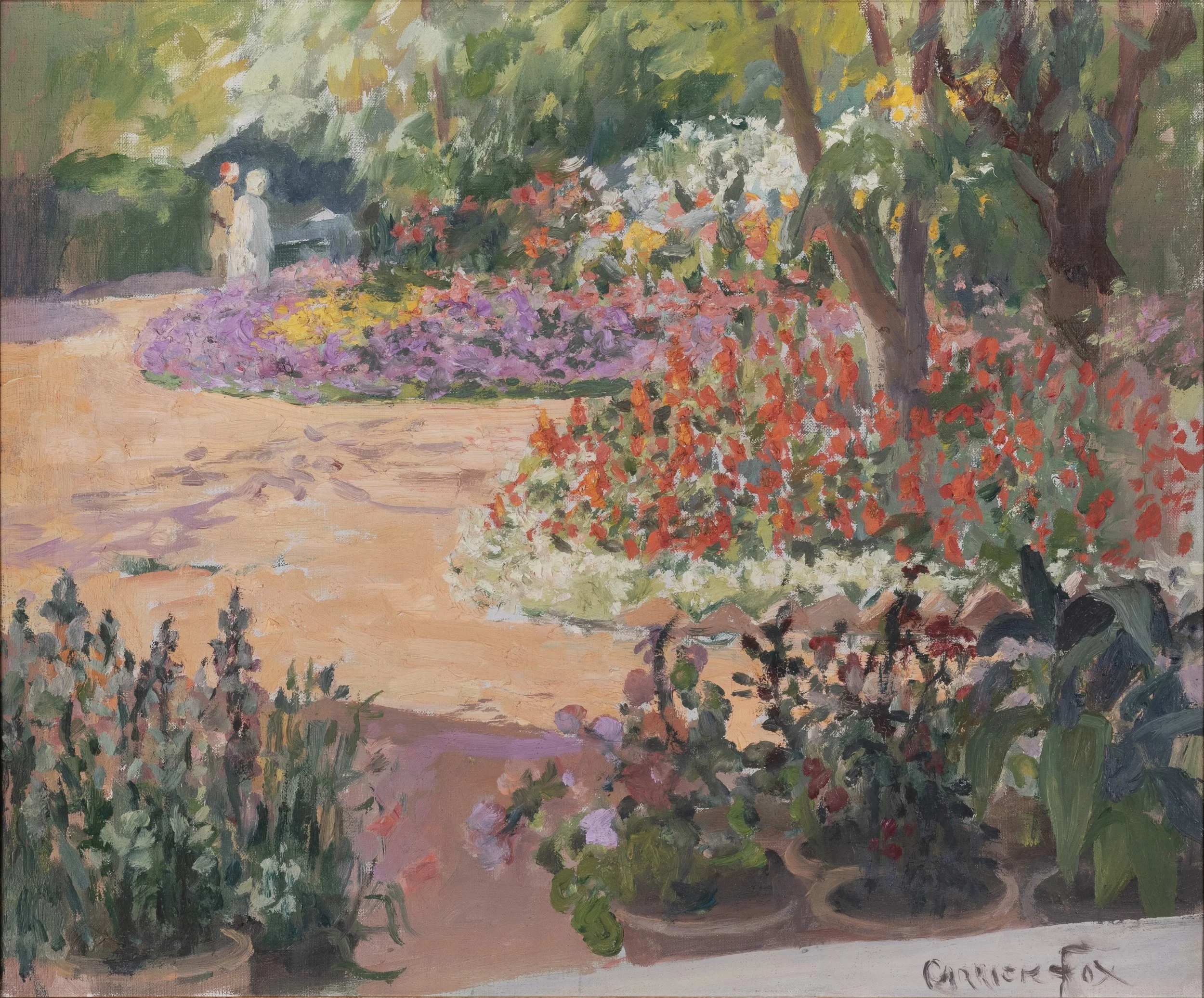An impressionist painting of a garden scene with colorful flowers, trees, and two people walking on a path. The painting has a soft, blurry style with vibrant colors, and there appears to be a signature in the bottom right corner.
