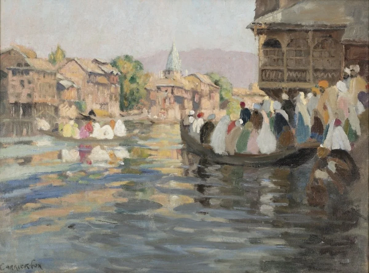 Painting of a river scene with a boat filled with people along a waterfront, with buildings and a church in the background.