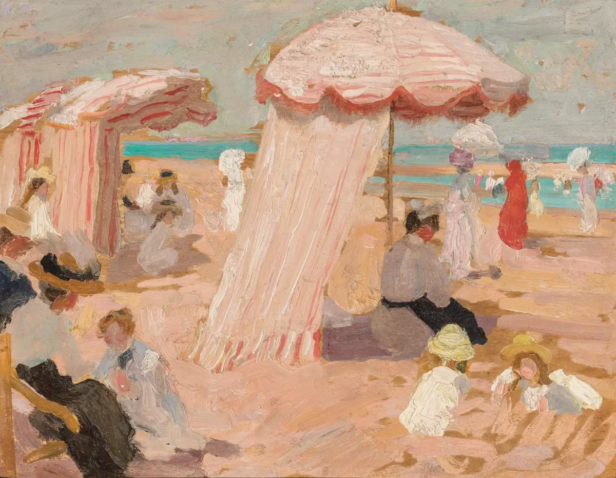 Impressionist painting of a busy beach scene with people sitting and standing under umbrellas, some in the water, with pastel colors and loose brushwork.