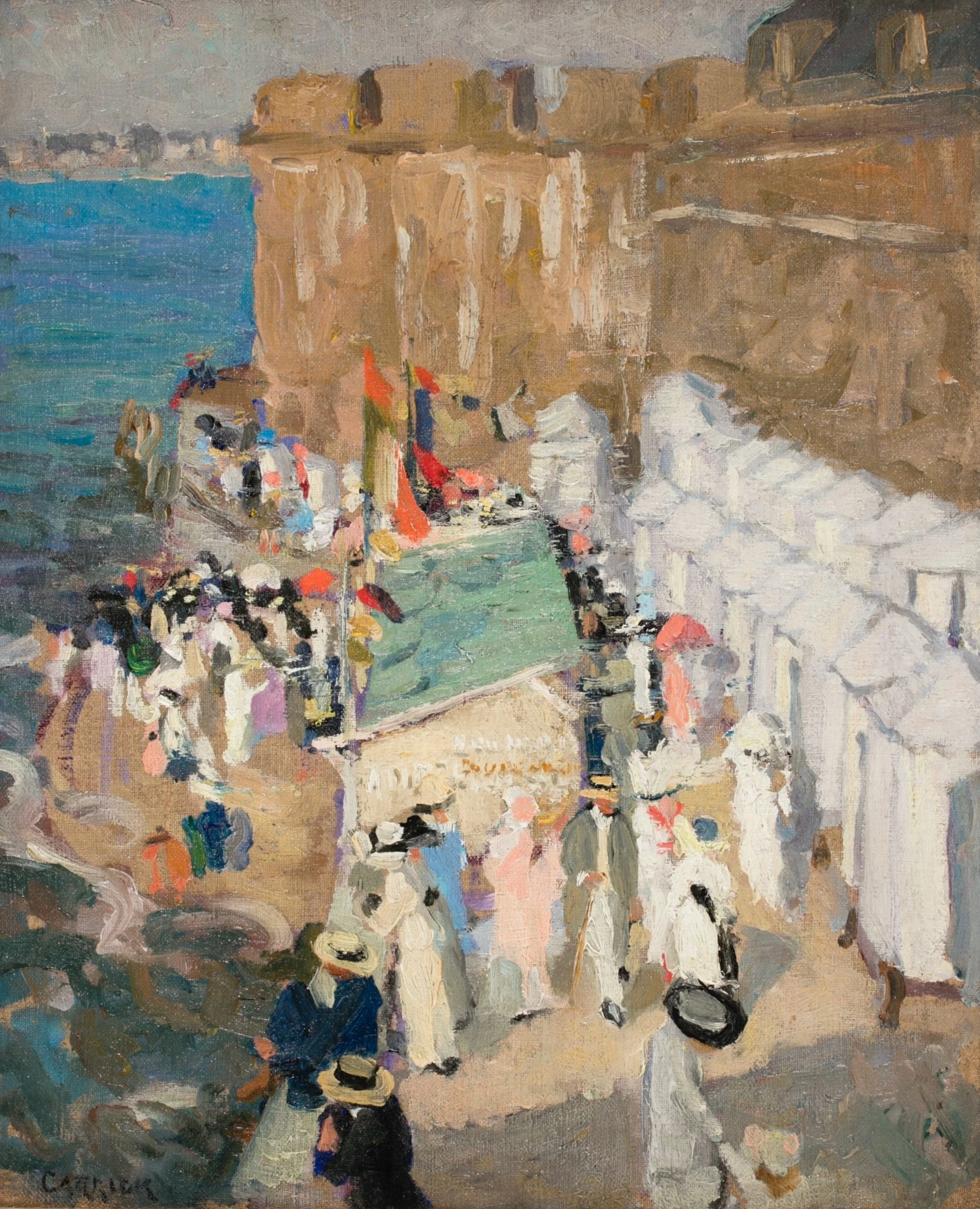 Impressionist painting of a beach scene with people, some in swimsuits, and boats, with sandy and water areas, and buildings in the background.