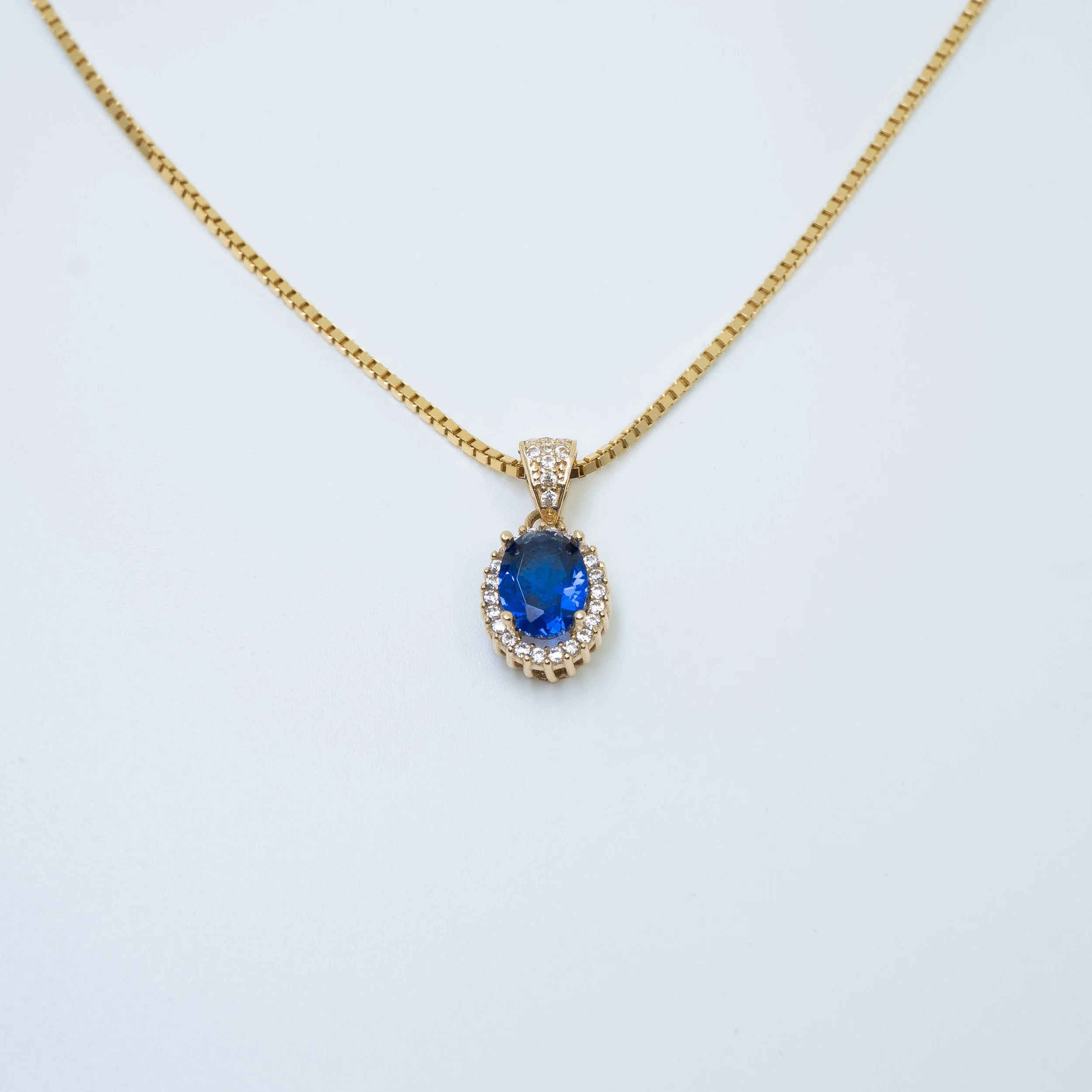 Box-style Necklace with Blue Stone Pendant