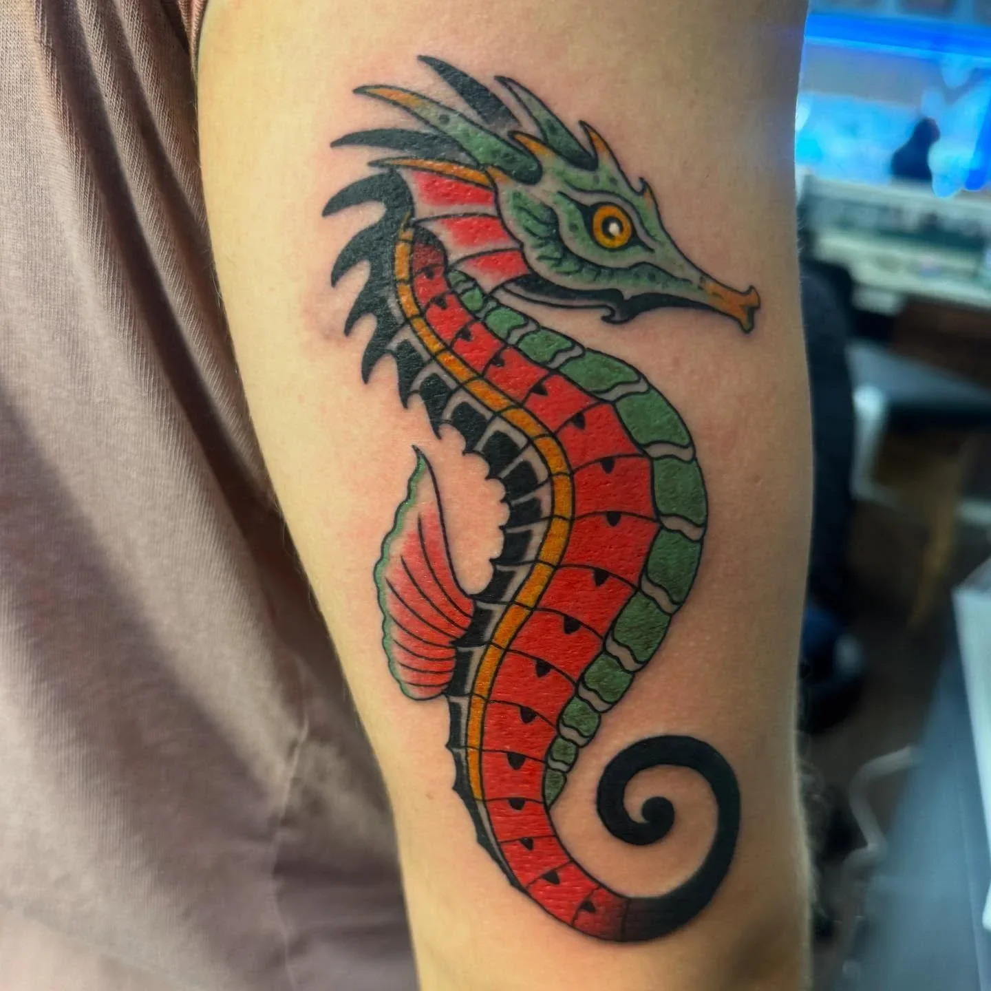  Traditional style dragon seahorse tattoo in bold color - red, green and yellow with heavy black outline. Custom traditional work by Brett Semrick at BrettSemrick.com.