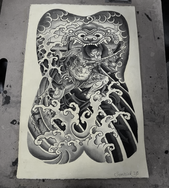 traditional Japanese-style tattoo design featuring a fierce warrior with a sword, surrounded by swirling clouds and turbulent waves, with a large, stylized dragon or demon face above.