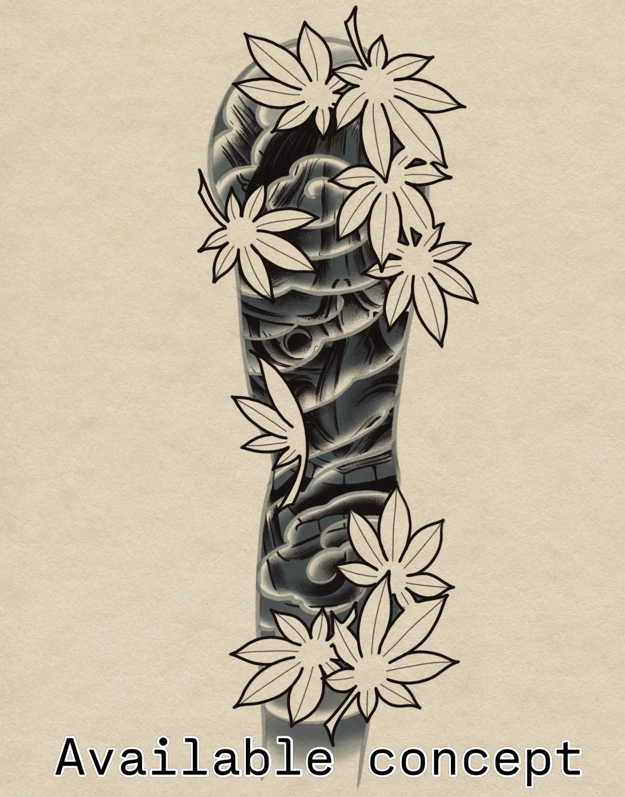 Available design. Traditional Japanese leg sleeve concept built from soft kumo clouds and drifting momiji maple leaves. A hidden hannya mask emerges subtly within the negative space and cloud flow, revealed on second look. Black and grey study with t