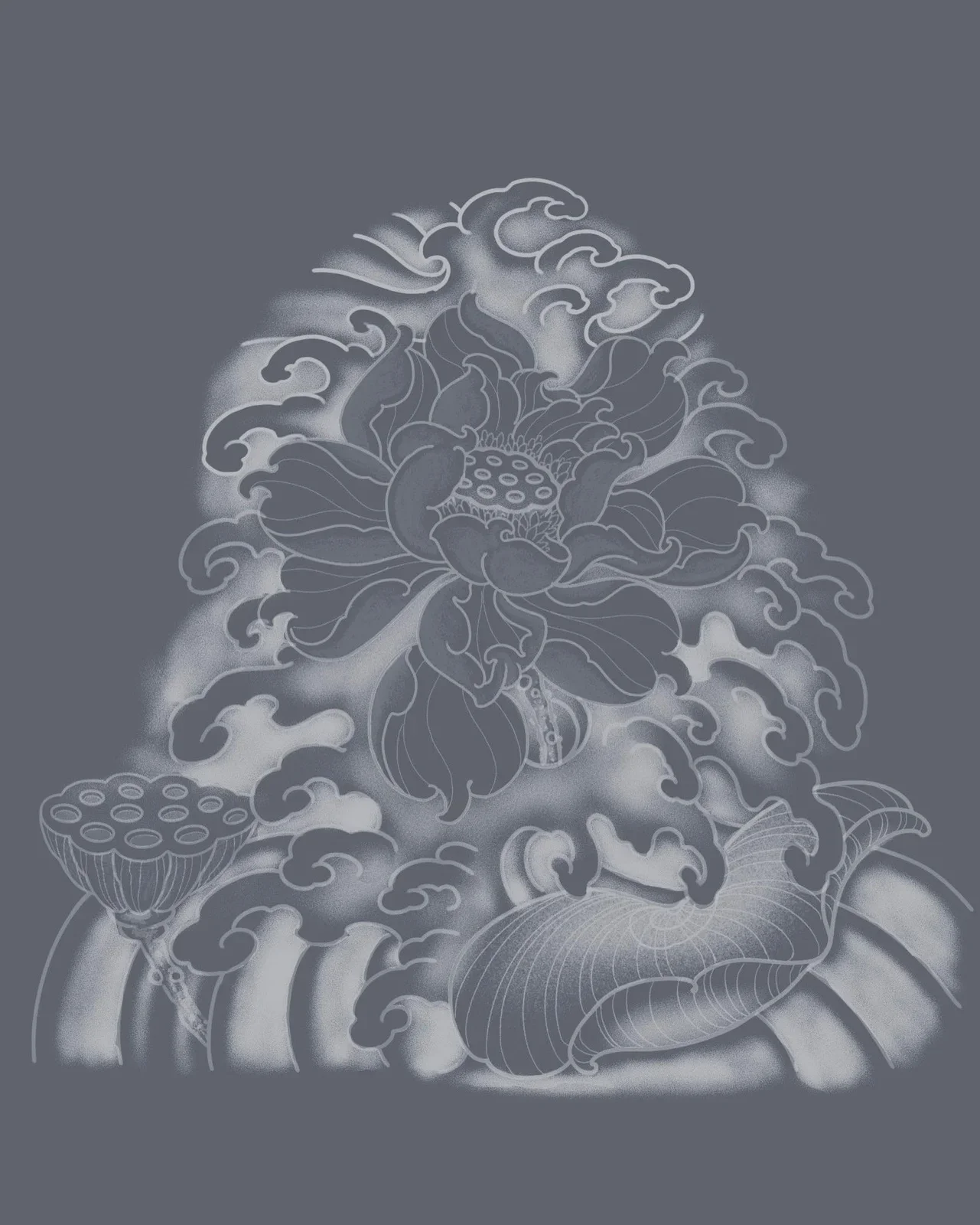  Black and grey study of hasu lotus in bloom with seed pod and lotus leaf, wrapped in traditional Japanese water and wind. Designed for large scale back or sleeve background flow.
