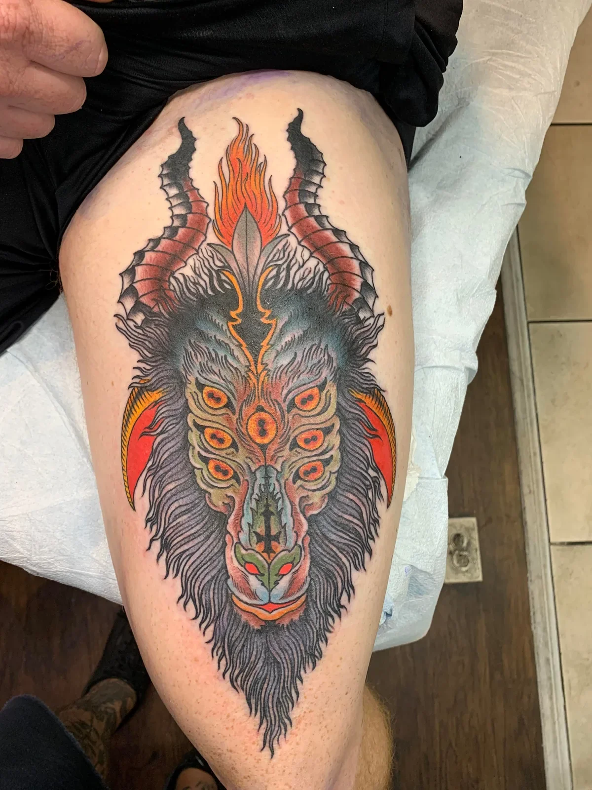 Custom Baphomet — 7 orange eyes, flaming crown, heavy fur and horns. Psychedelic color meets traditional structure.
