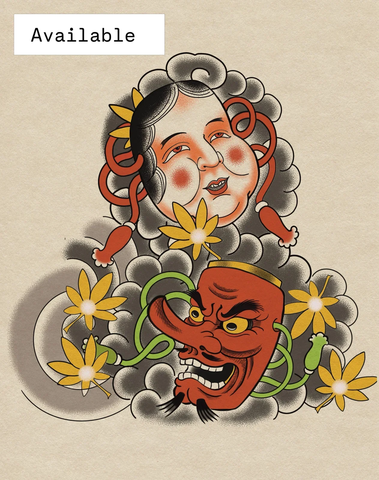 Available concept. Traditional Japanese masks - joyful Okame and fierce red Tengu - surrounded by clouds and yellow momiji maple leaves. Vibrant tebori inspired palette on washi paper.
