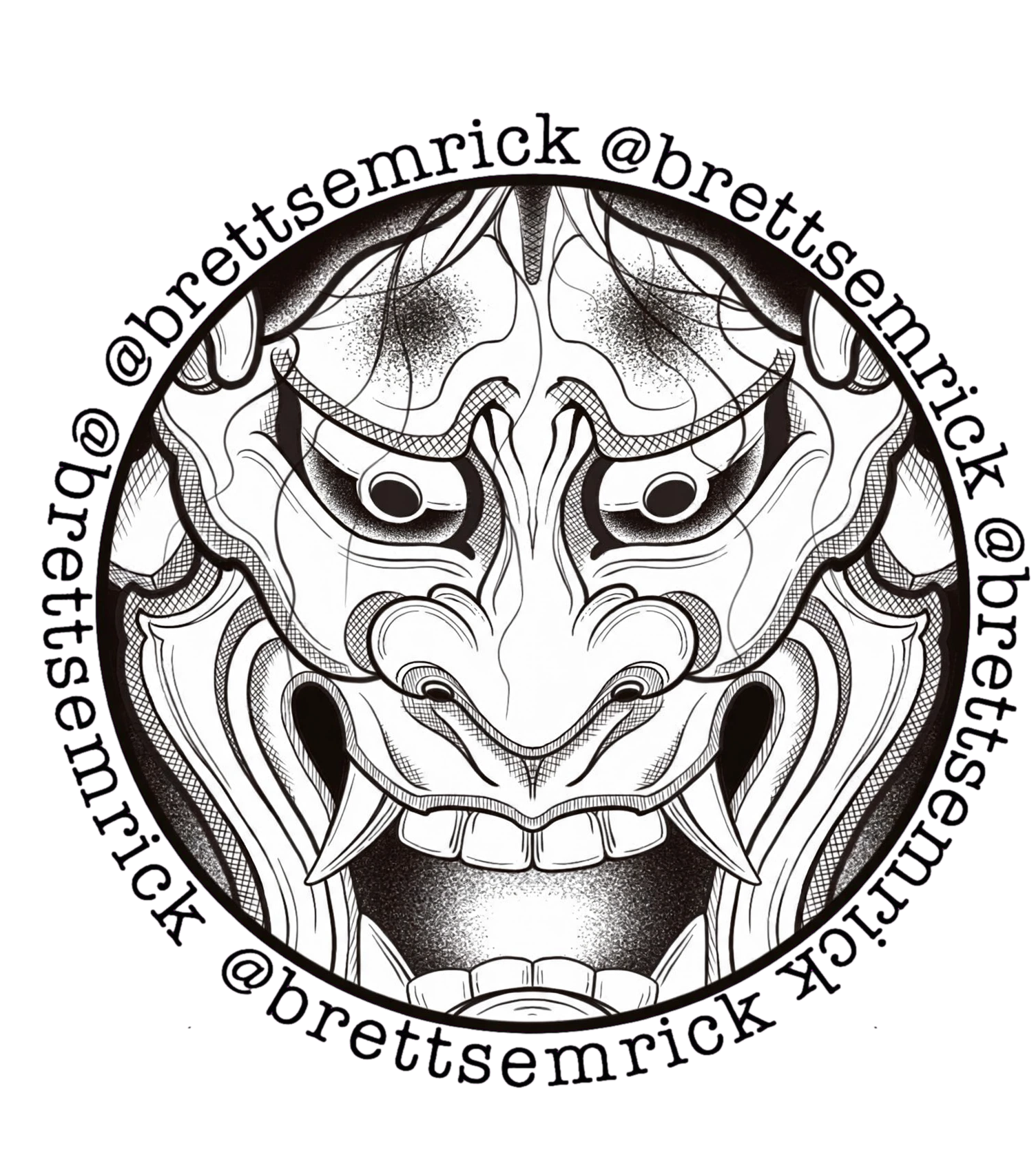 A black and white illustration of a demonic face with intricate line work, set against a vibrant pink background. The face has sharp features, large eyes, and prominent fangs. Surrounding the face is circular text with social media handles and a website URL.