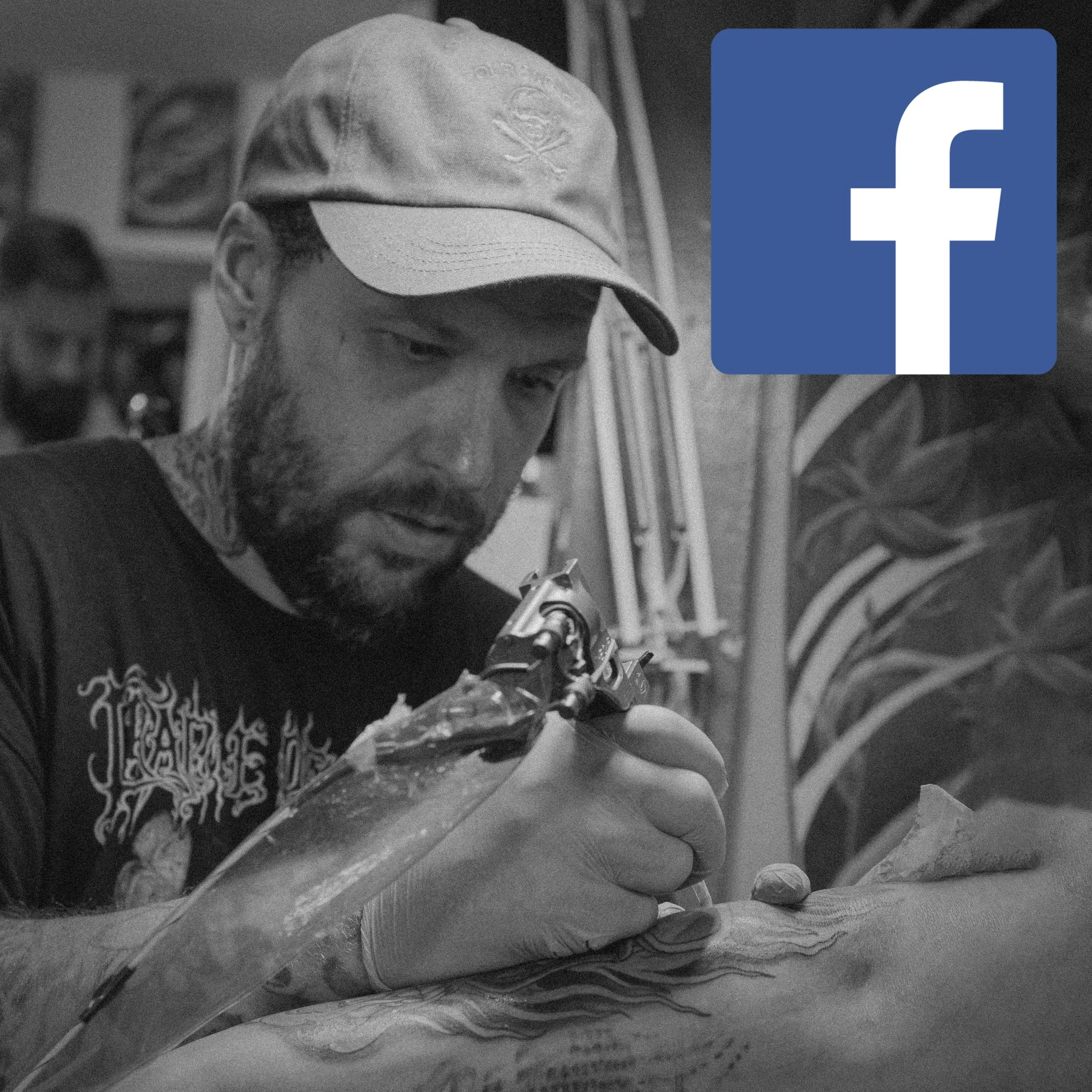 A person with long hair, wearing a cap with a skull and crossbones emblem, appears to be focused on an activity, possibly reading or handling objects. The image is in black and white, with a large Facebook logo overlay on the right side.