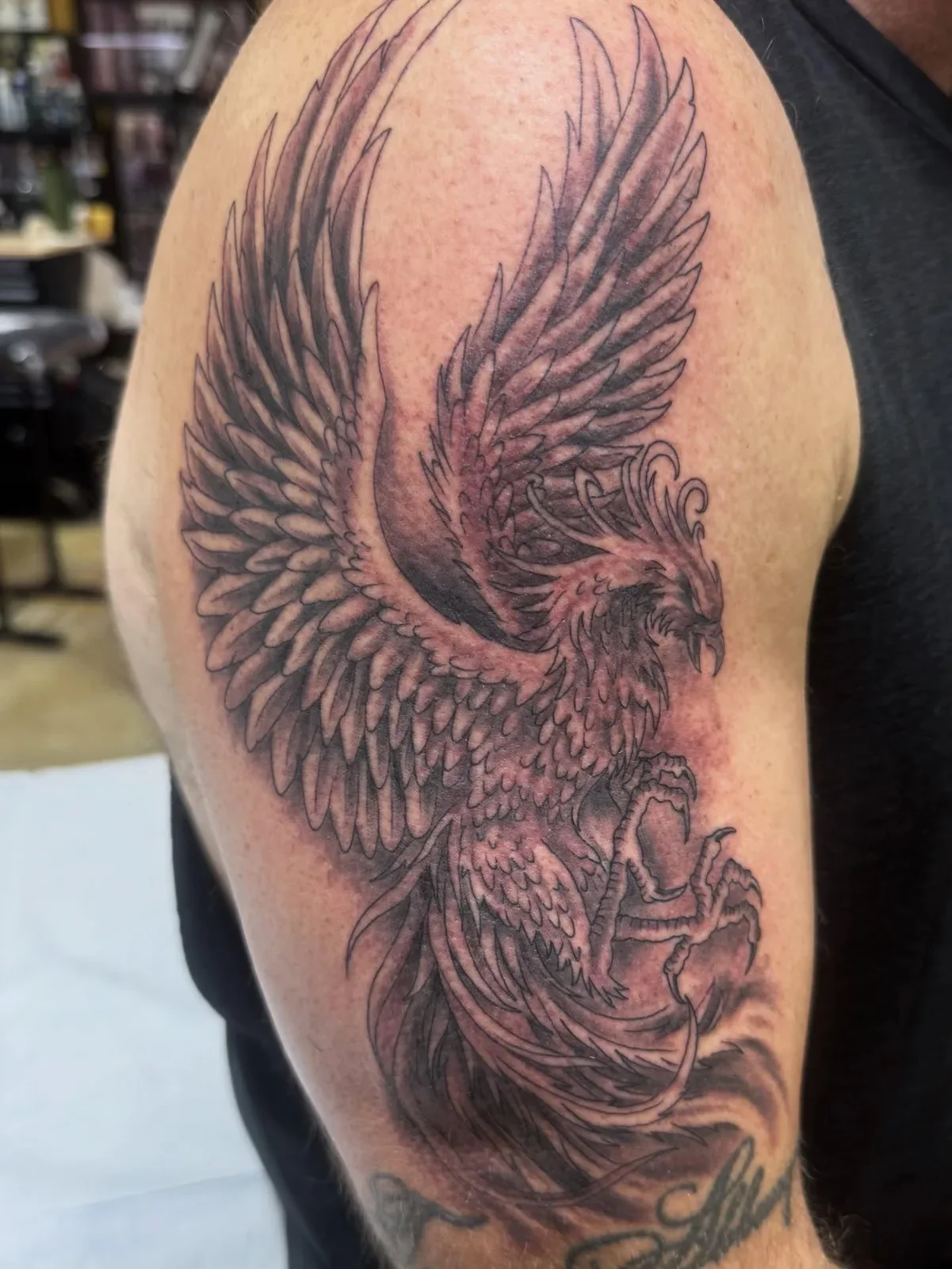 Dramatic black and gray phoenix rising tattoo with massive detailed wings spread in flight, fierce talons and flowing tail feathers. Mythical rebirth piece by Brett Semrick